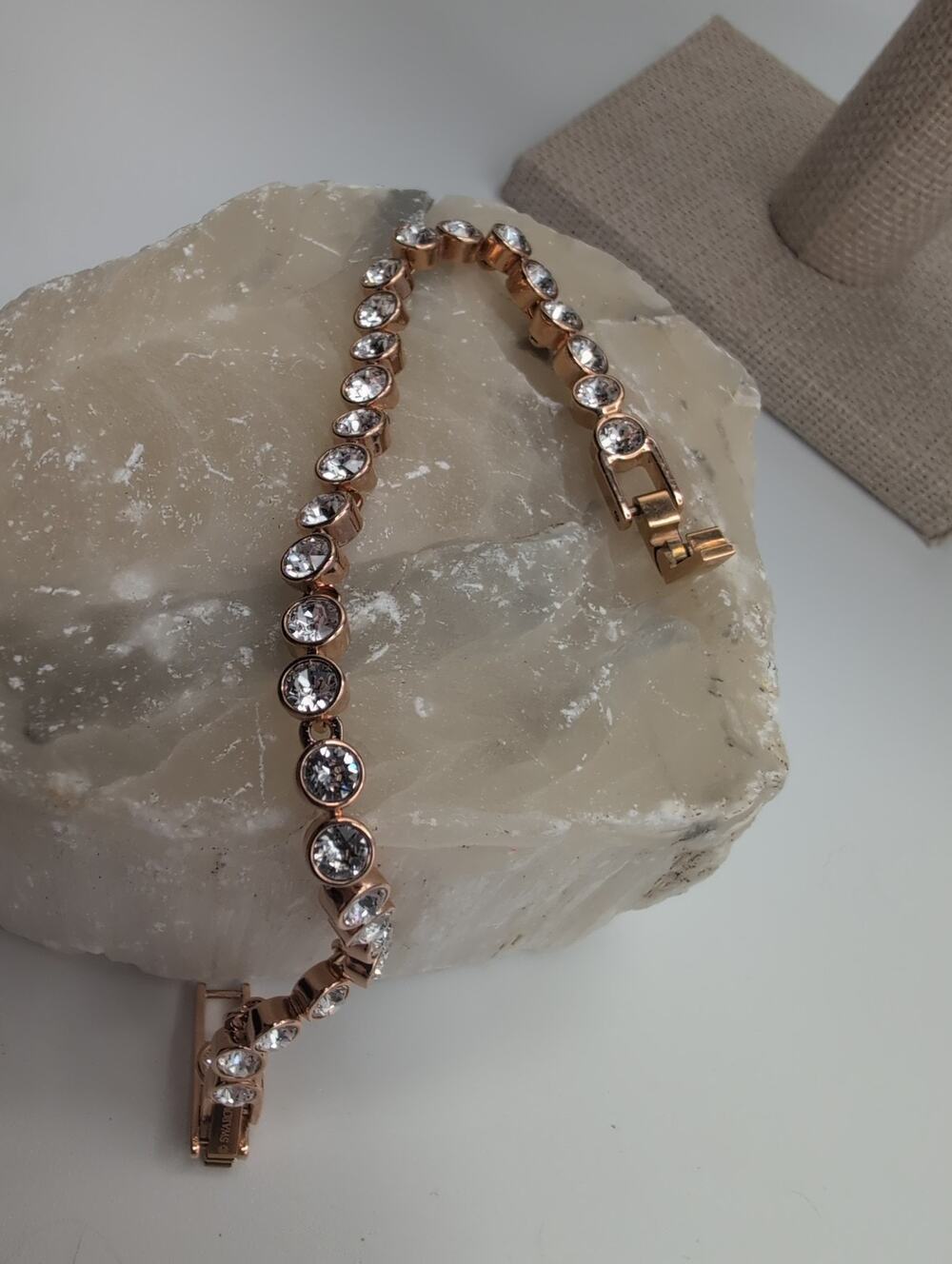 Swarovski Rose Gold Tone Crystal Tennis Bracelet Box Clasp with Safety Link